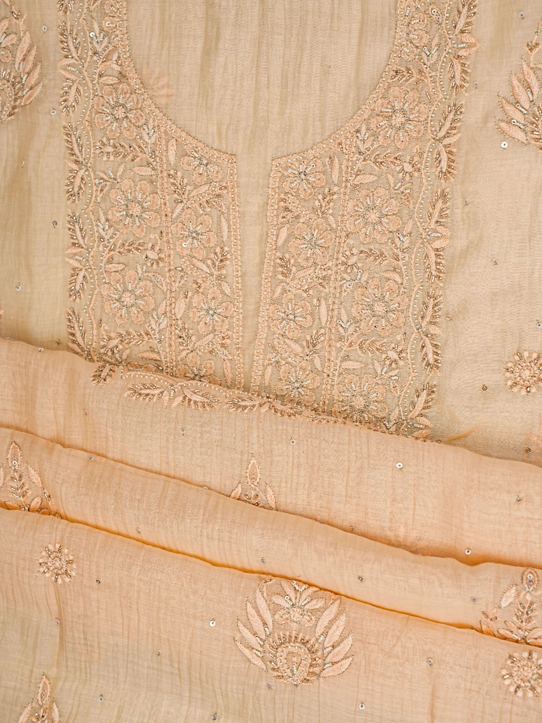 Ada Hand Embroidered Light Peach Chanderi Lucknowi Chikankari Unstitched Kurta Dupatta Set With Cutdana Work 01A701923