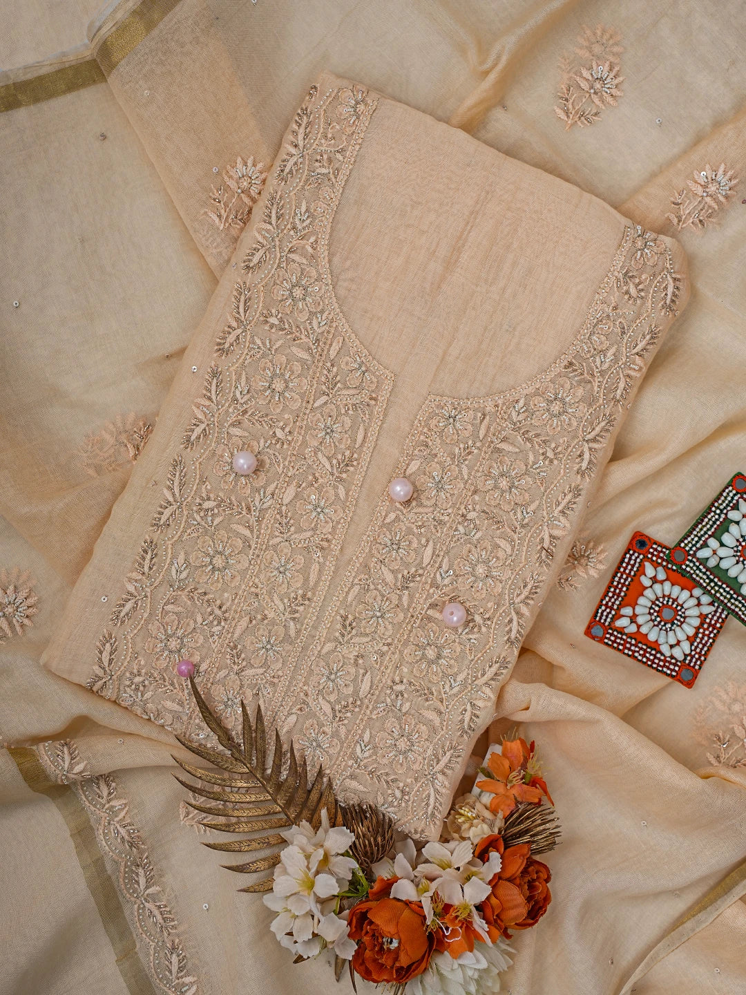 Ada Hand Embroidered Light Peach Chanderi Lucknowi Chikankari Unstitched Kurta Dupatta Set With Cutdana Work 01A701923