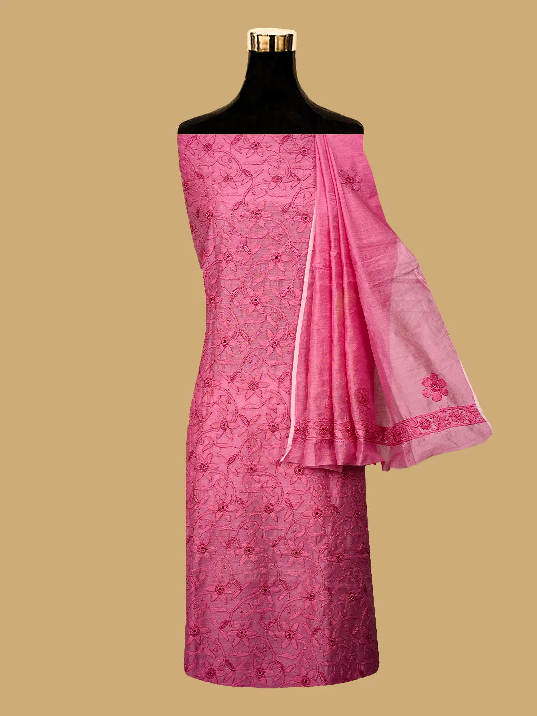 Ada Hand Embroidered Onion Pink Chanderi Lucknowi Chikankari Unstitched Kurta Dupatta Set 01A535741