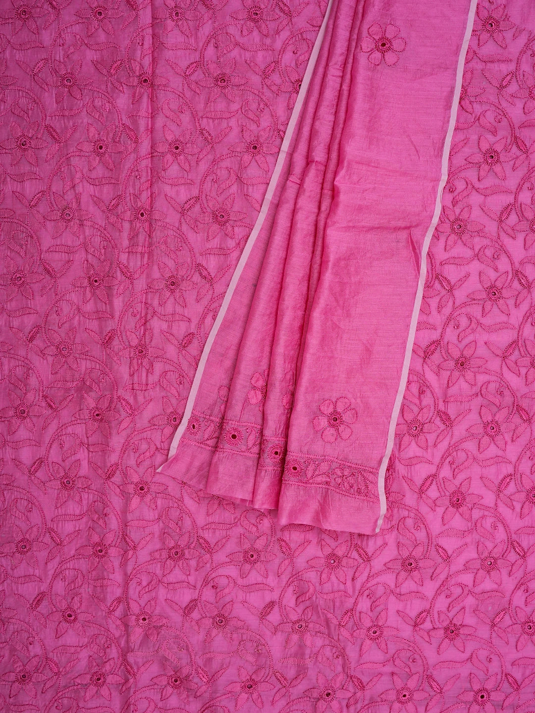 Ada Hand Embroidered Onion Pink Chanderi Lucknowi Chikankari Unstitched Kurta Dupatta Set 01A535741