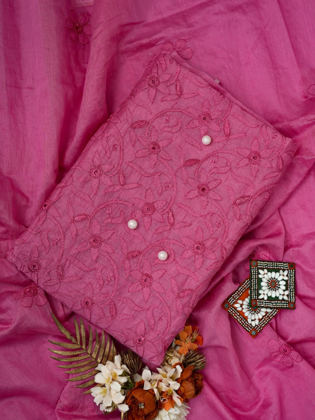 Ada Hand Embroidered Onion Pink Chanderi Lucknowi Chikankari Unstitched Kurta Dupatta Set 01A535741