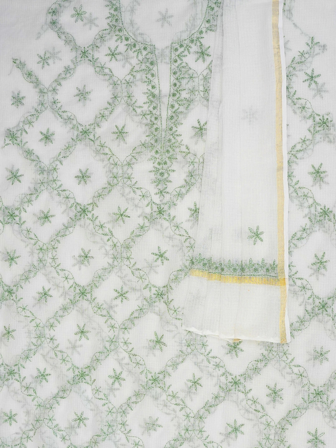 Ada Hand Embroidered White Kota Lucknowi Chikankari Unstitched Kurta Dupatta Set 01A643996