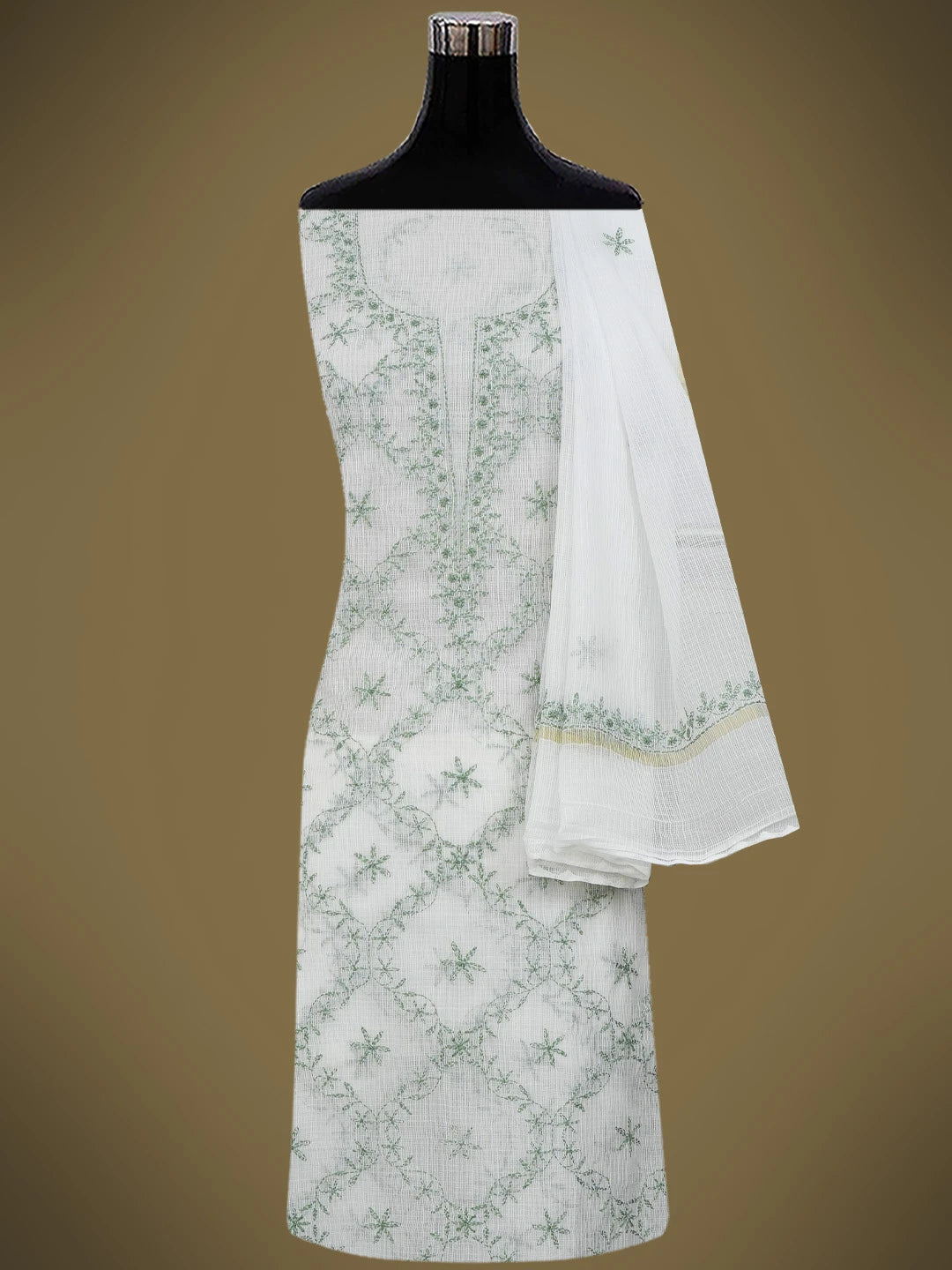 Ada Hand Embroidered White Kota Lucknowi Chikankari Unstitched Kurta Dupatta Set 01A643996