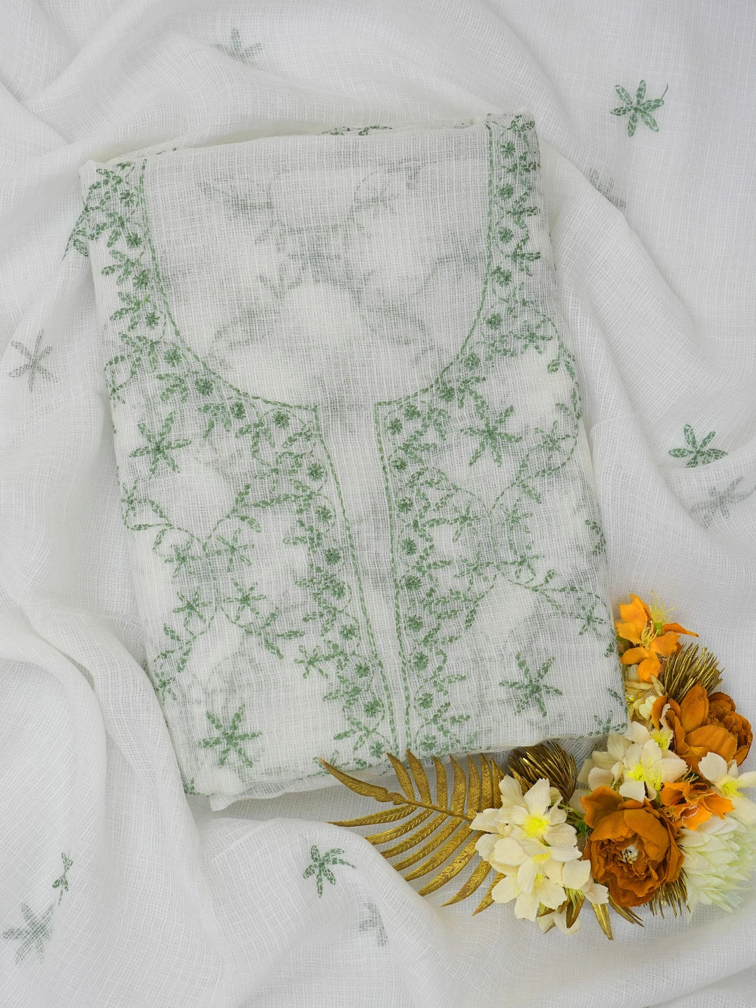 Ada Hand Embroidered White Kota Lucknowi Chikankari Unstitched Kurta Dupatta Set 01A643996