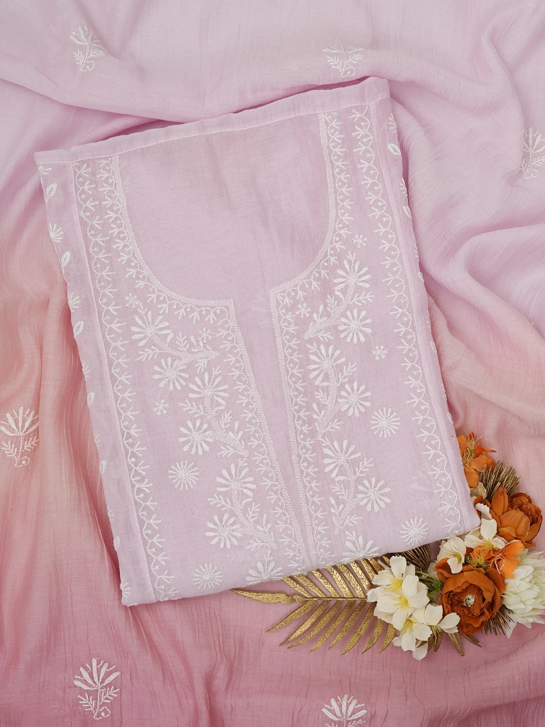 Ada Hand Embroidered Ombre Shade of Pink Chanderi Lucknowi Chikankari Semi-Stitched Kurta Dupatta Set 01A683041