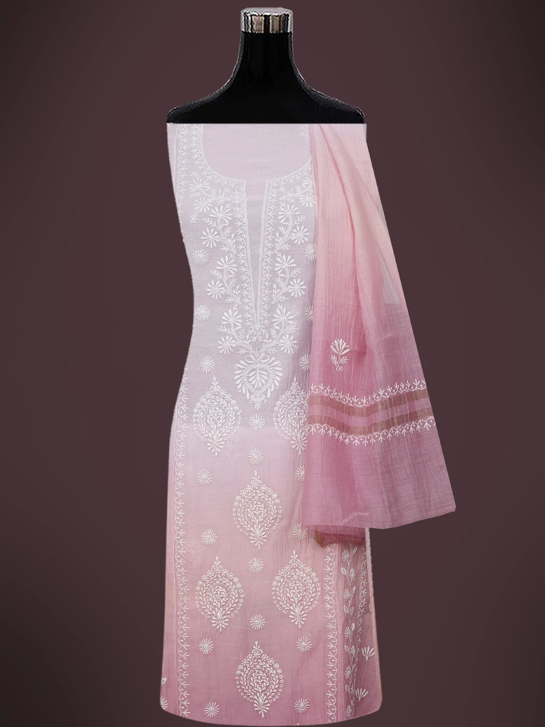 Ada Hand Embroidered Ombre Shade of Pink Chanderi Lucknowi Chikankari Semi-Stitched Kurta Dupatta Set 01A683041