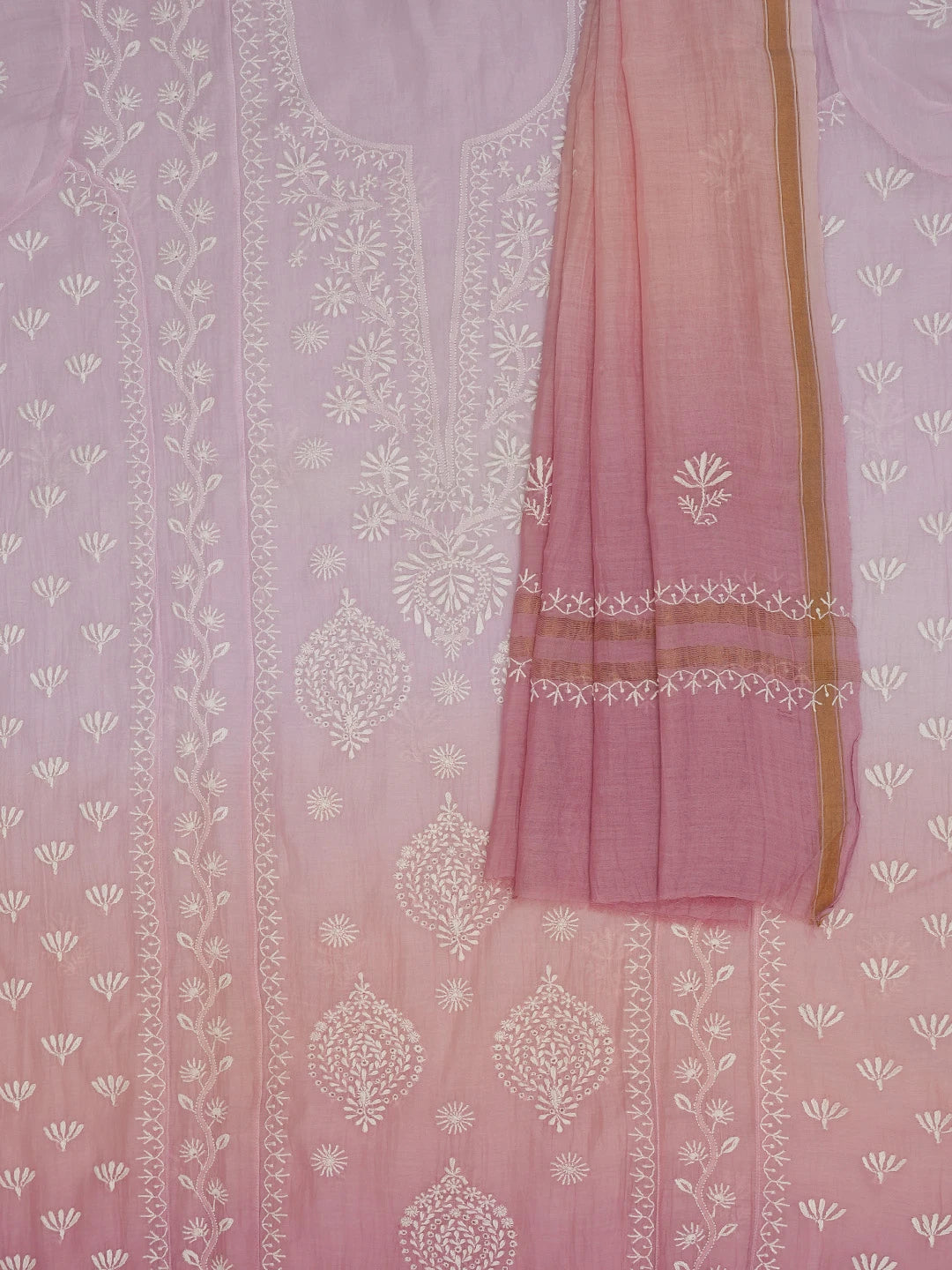 Ada Hand Embroidered Ombre Shade of Pink Chanderi Lucknowi Chikankari Semi-Stitched Kurta Dupatta Set 01A683041