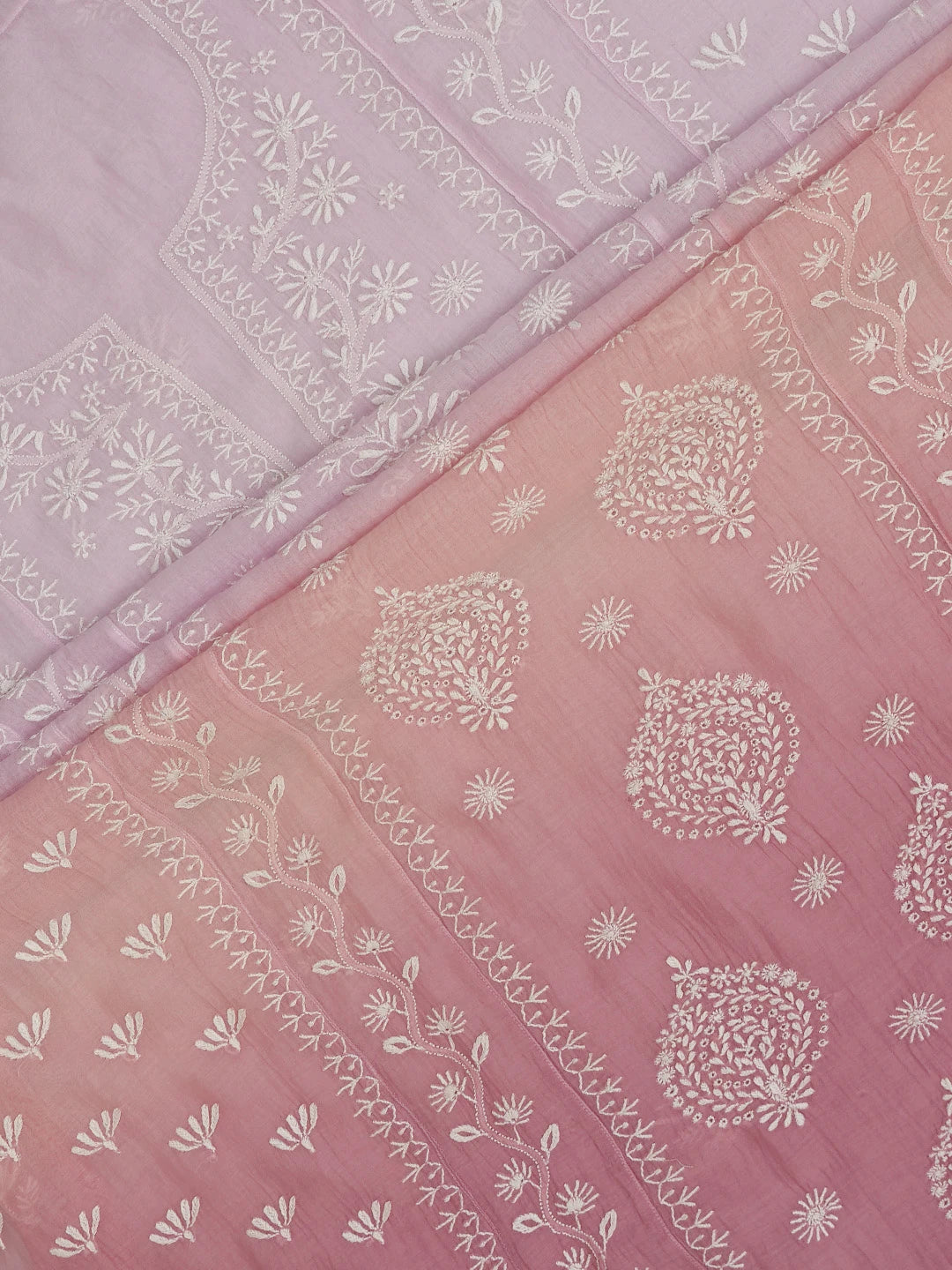 Ada Hand Embroidered Ombre Shade of Pink Chanderi Lucknowi Chikankari Semi-Stitched Kurta Dupatta Set 01A683041