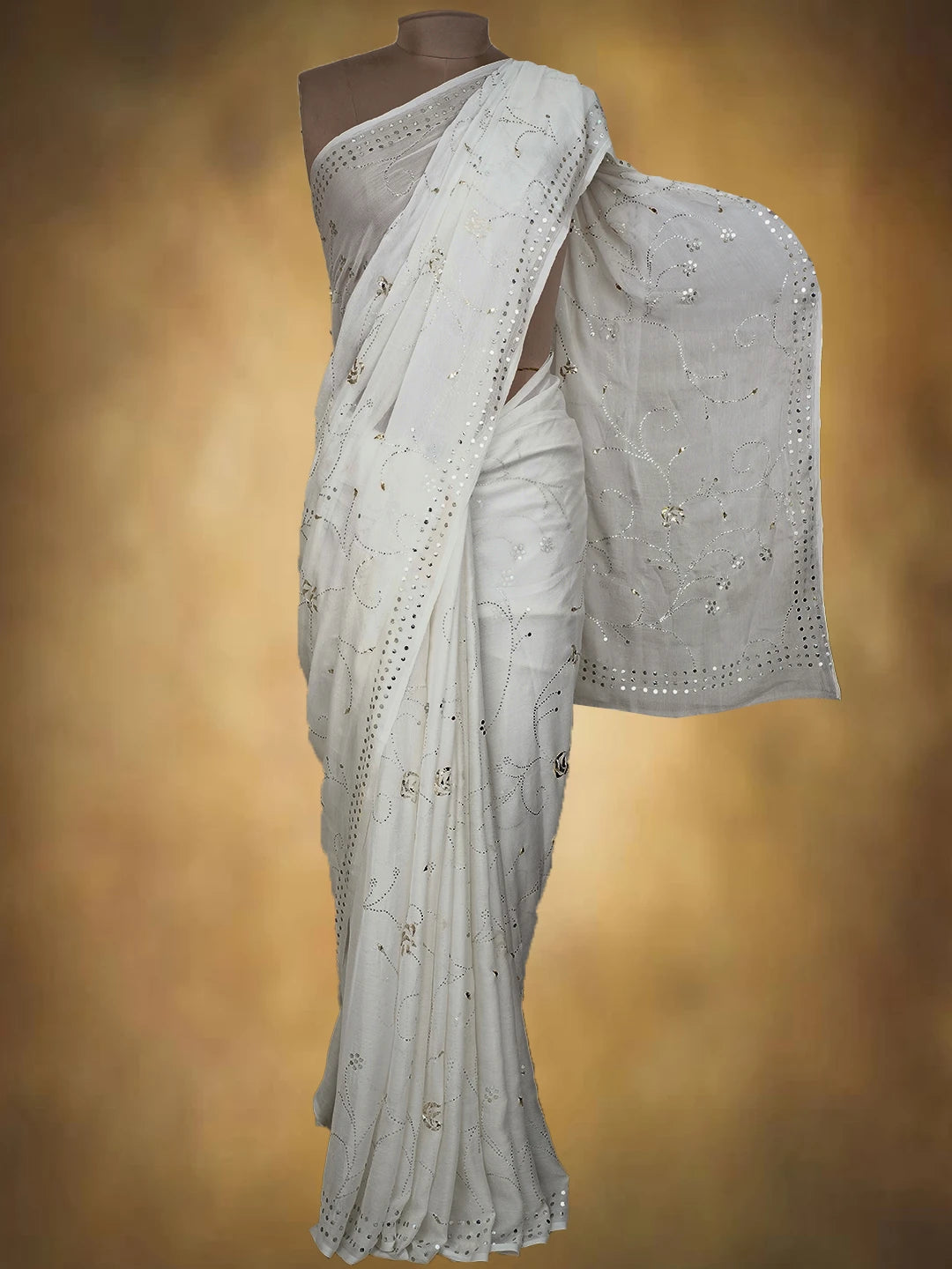 Ada Hand Embroidered White Chiffon Lucknowi Chikankari Saree and Blouse With Mukaish Work 01A726095
