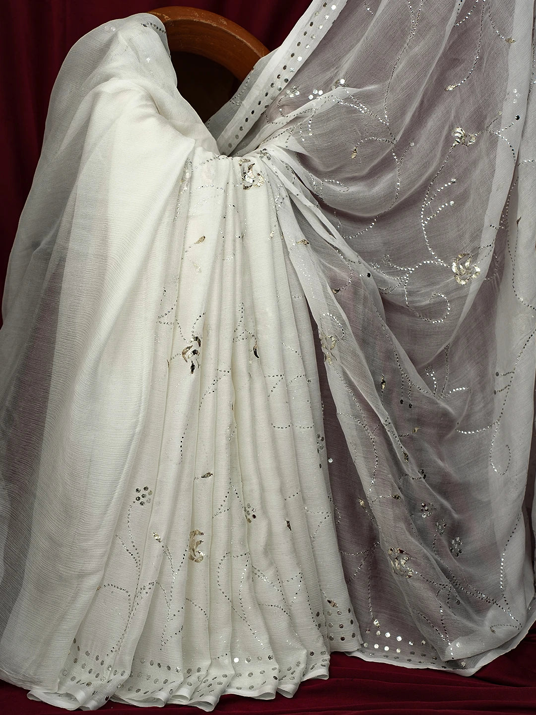 Ada Hand Embroidered White Chiffon Lucknowi Chikankari Saree and Blouse With Mukaish Work 01A726095