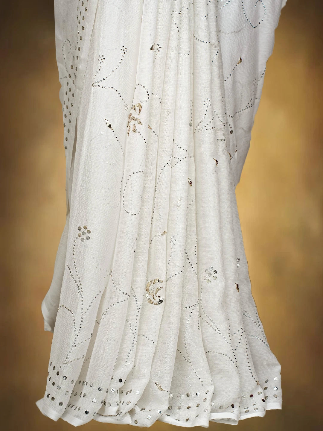 Ada Hand Embroidered White Chiffon Lucknowi Chikankari Saree and Blouse With Mukaish Work 01A726095