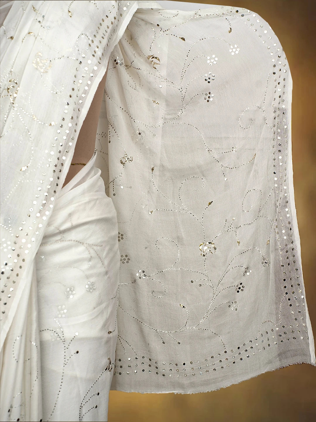 Ada Hand Embroidered White Chiffon Lucknowi Chikankari Saree and Blouse With Mukaish Work 01A726095