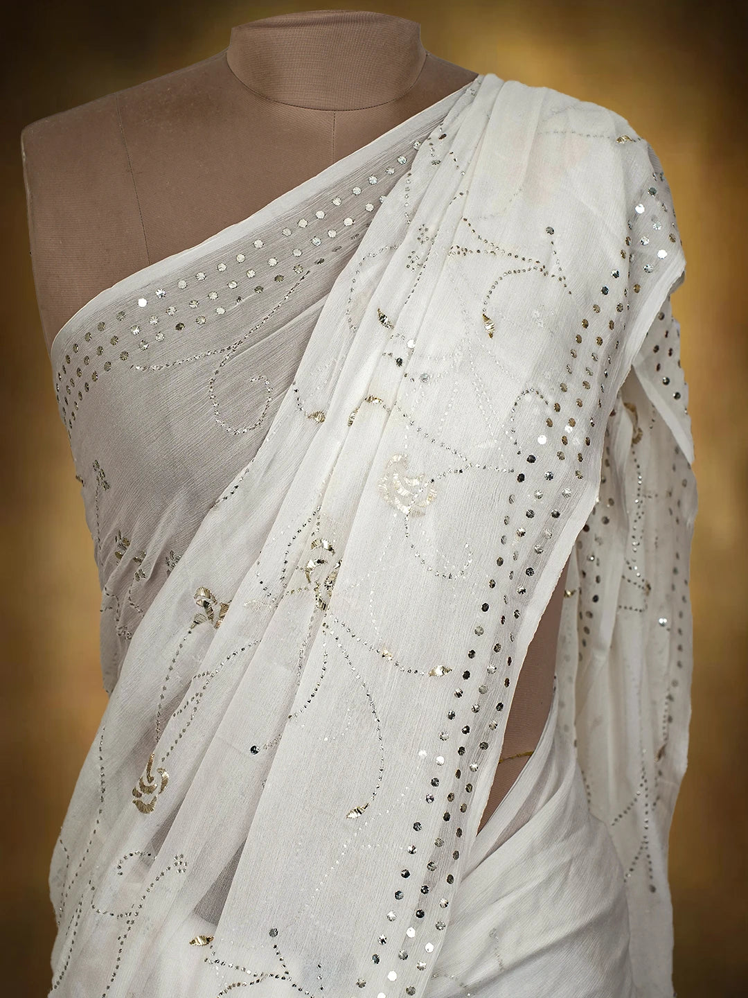 Ada Hand Embroidered White Chiffon Lucknowi Chikankari Saree and Blouse With Mukaish Work 01A726095