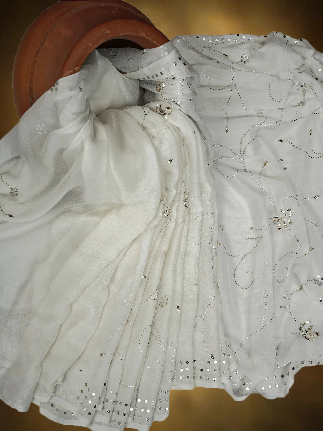 Ada Hand Embroidered White Chiffon Lucknowi Chikankari Saree and Blouse With Mukaish Work 01A726095