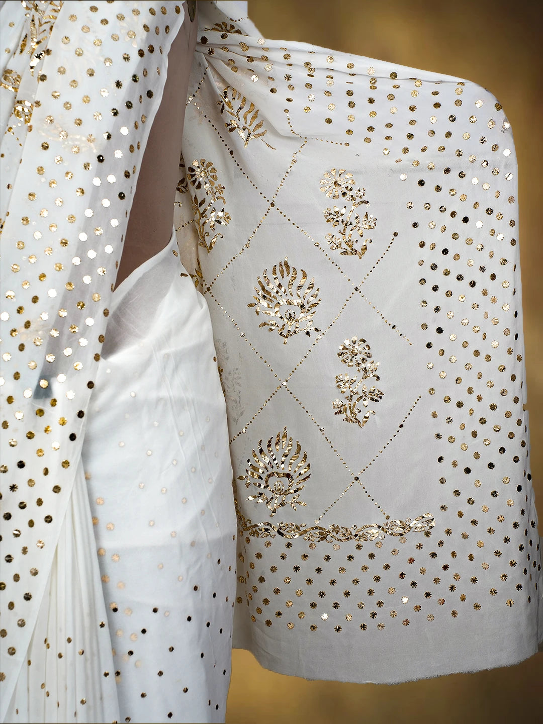 Ada Hand Embroidered White Viscose Georgette Lucknowi Chikankari Saree and Blouse With Mukaish Work 01A717557