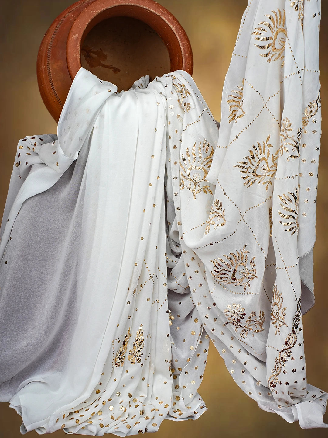 Ada Hand Embroidered White Viscose Georgette Lucknowi Chikankari Saree and Blouse With Mukaish Work 01A717557