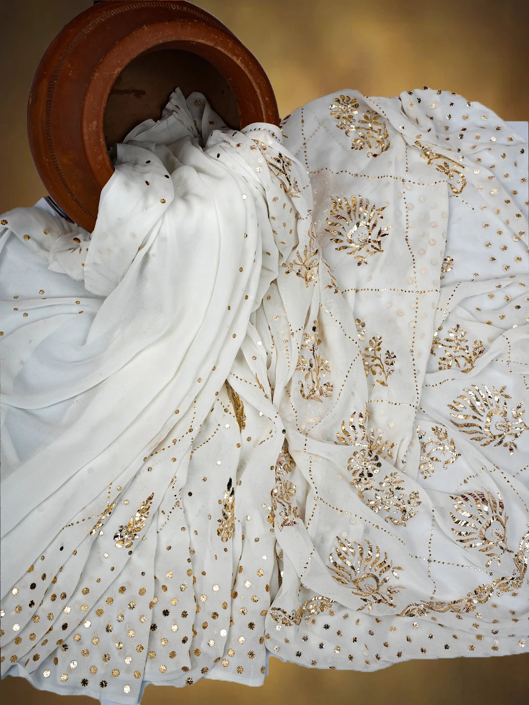 Ada Hand Embroidered White Viscose Georgette Lucknowi Chikankari Saree and Blouse With Mukaish Work 01A717557