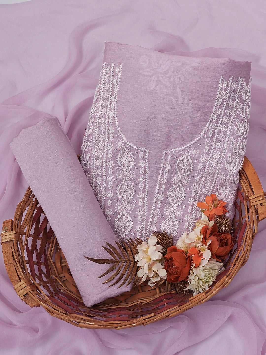 Ada Hand Embroidered Mauve Chanderi Lucknowi Chikankari Unstitched Suit Piece With Cutdana Work 01A736463