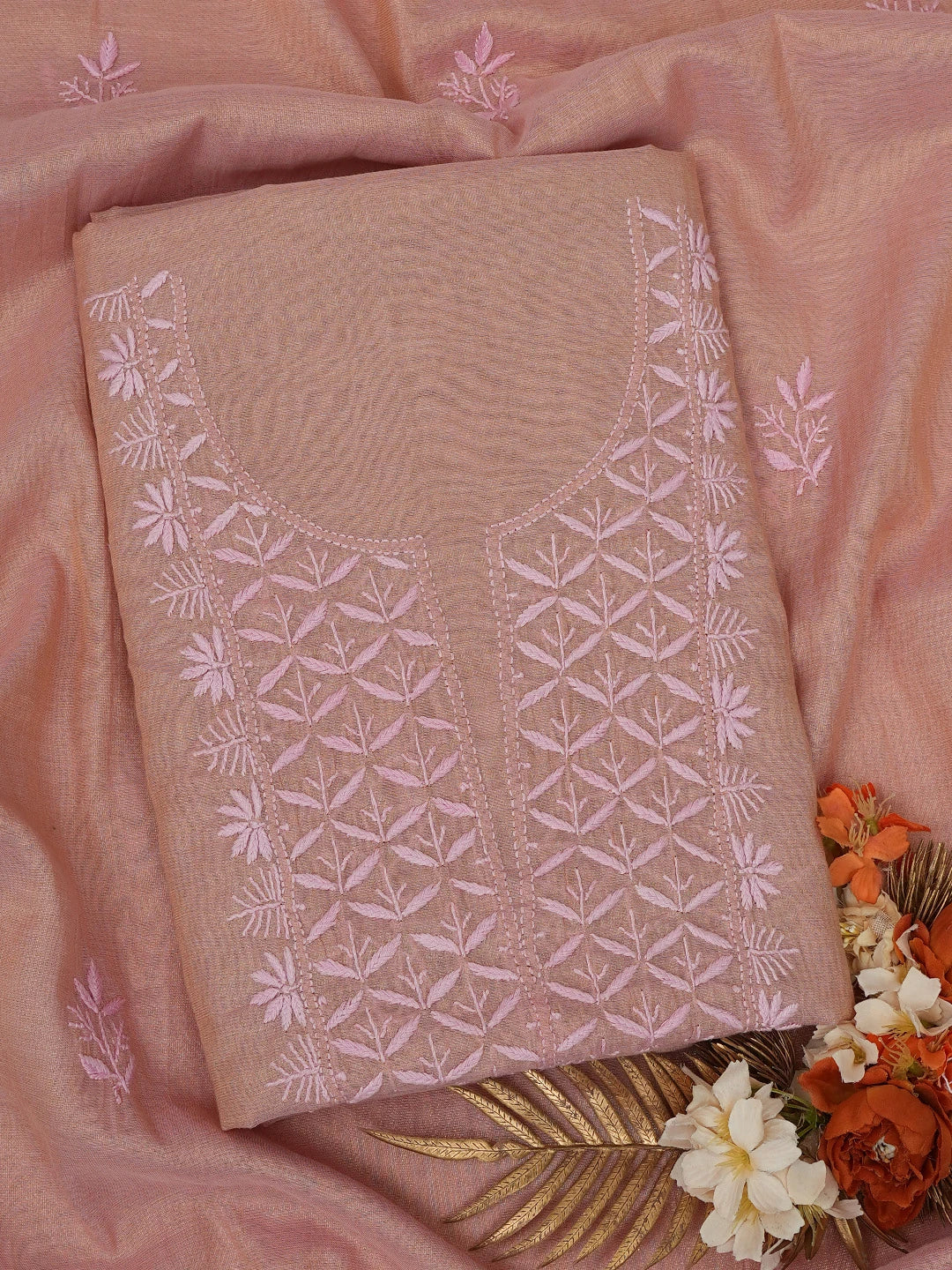 Ada Hand Embroidered Fawn Tissue Lucknowi Chikankari Unstitched Kurta Dupatta Set 01A710055