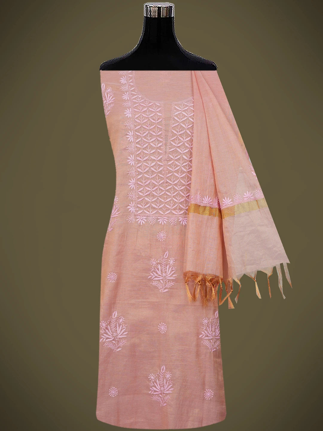 Ada Hand Embroidered Fawn Tissue Lucknowi Chikankari Unstitched Kurta Dupatta Set 01A710055