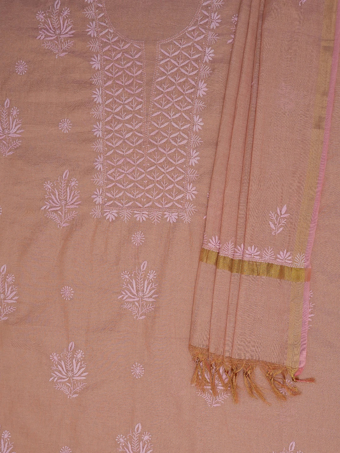 Ada Hand Embroidered Fawn Tissue Lucknowi Chikankari Unstitched Kurta Dupatta Set 01A710055