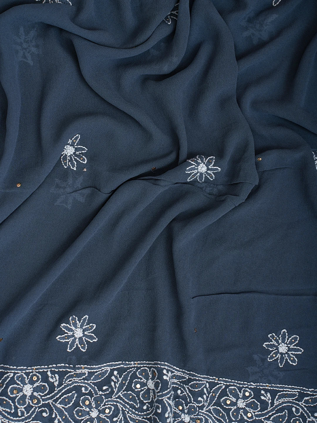 Ada Hand Embroidered Slate Grey Pure Georgette Lucknowi Chikankari Unstitched Kurta Dupatta Set With Mukaish Work 01A629073