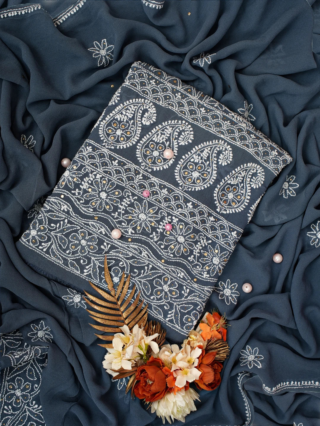 Ada Hand Embroidered Slate Grey Pure Georgette Lucknowi Chikankari Unstitched Kurta Dupatta Set With Mukaish Work 01A629073