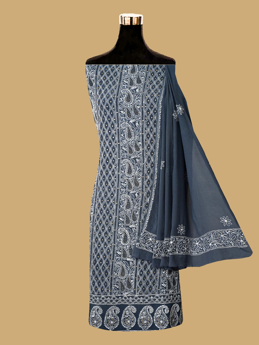 Ada Hand Embroidered Slate Grey Pure Georgette Lucknowi Chikankari Unstitched Kurta Dupatta Set With Mukaish Work 01A629073
