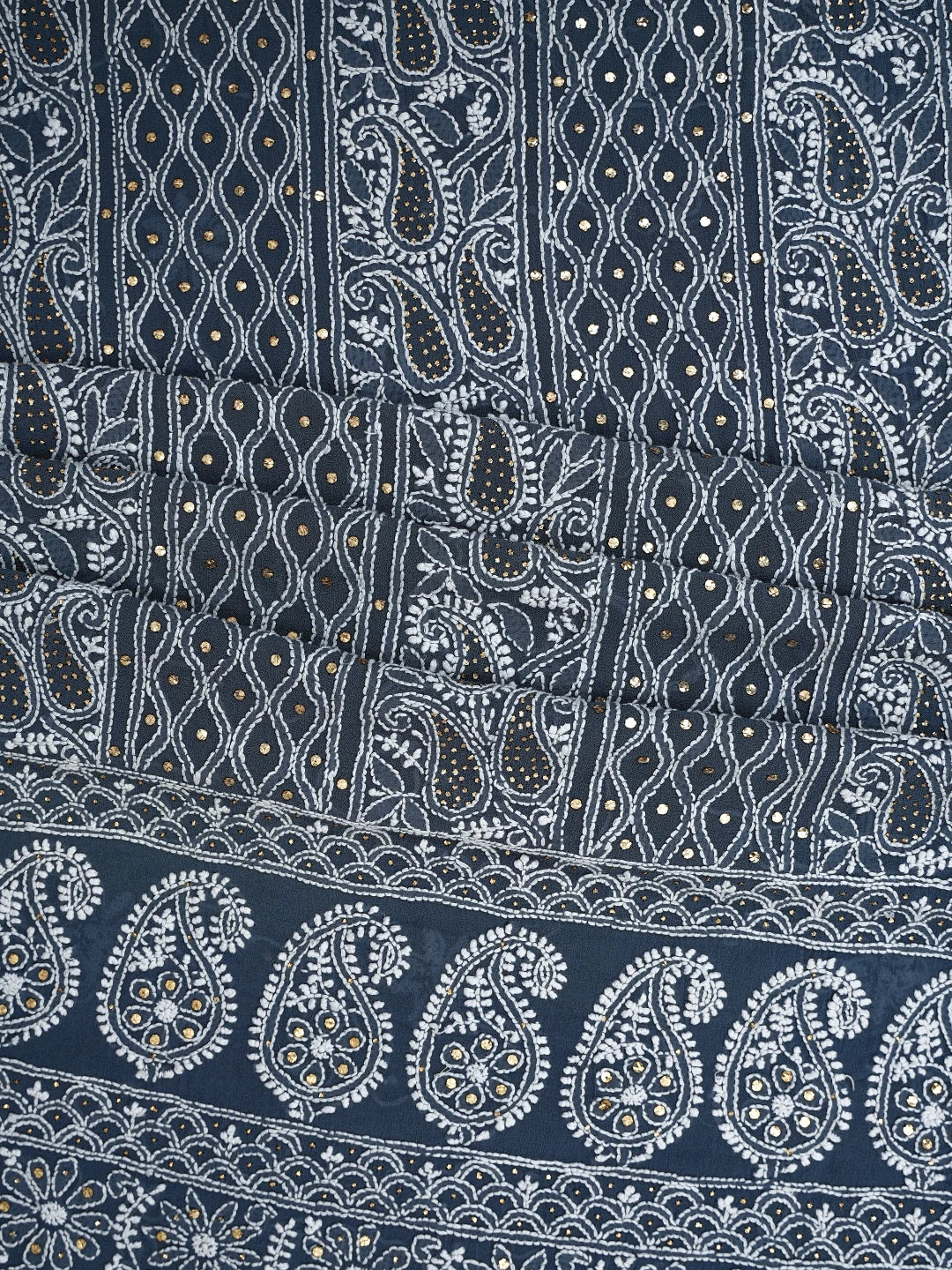Ada Hand Embroidered Slate Grey Pure Georgette Lucknowi Chikankari Unstitched Kurta Dupatta Set With Mukaish Work 01A629073