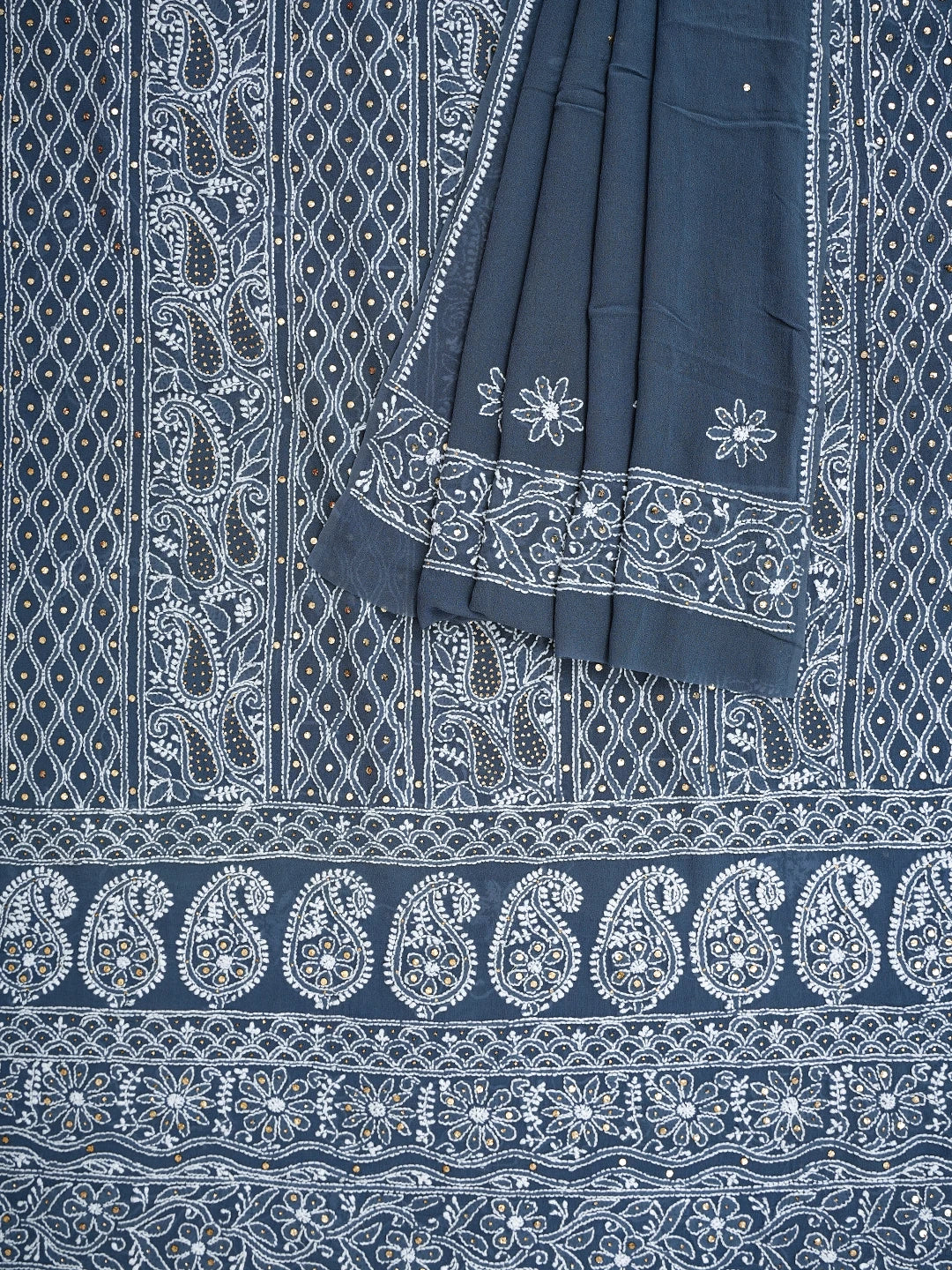 Ada Hand Embroidered Slate Grey Pure Georgette Lucknowi Chikankari Unstitched Kurta Dupatta Set With Mukaish Work 01A629073