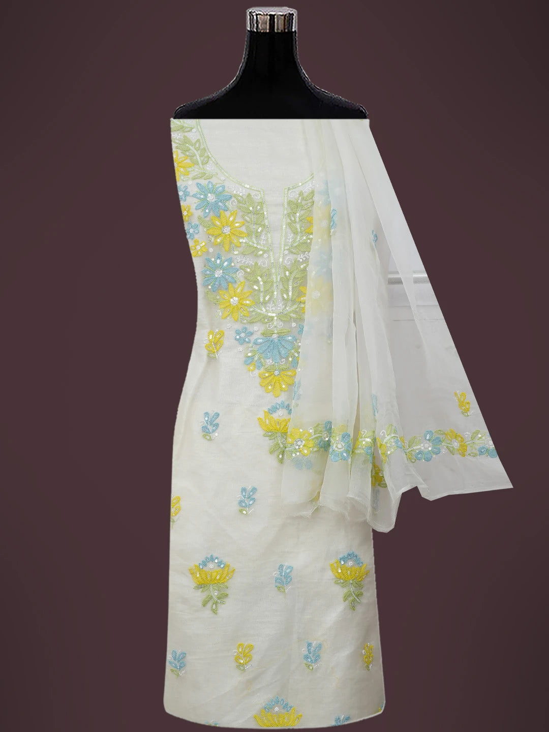 Ada Hand Embroidered White Organza Lucknowi Chikankari Unstitched Kurta Dupatta Set With Pearl Work 01A704853
