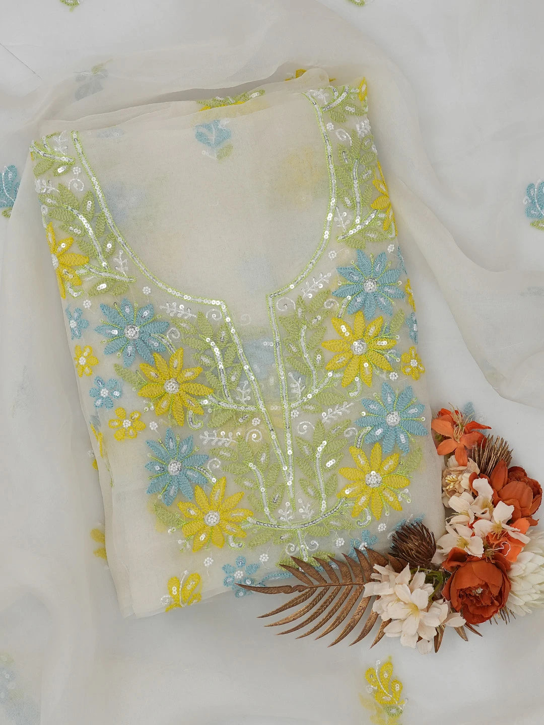 Ada Hand Embroidered White Organza Lucknowi Chikankari Unstitched Kurta Dupatta Set With Pearl Work 01A704853