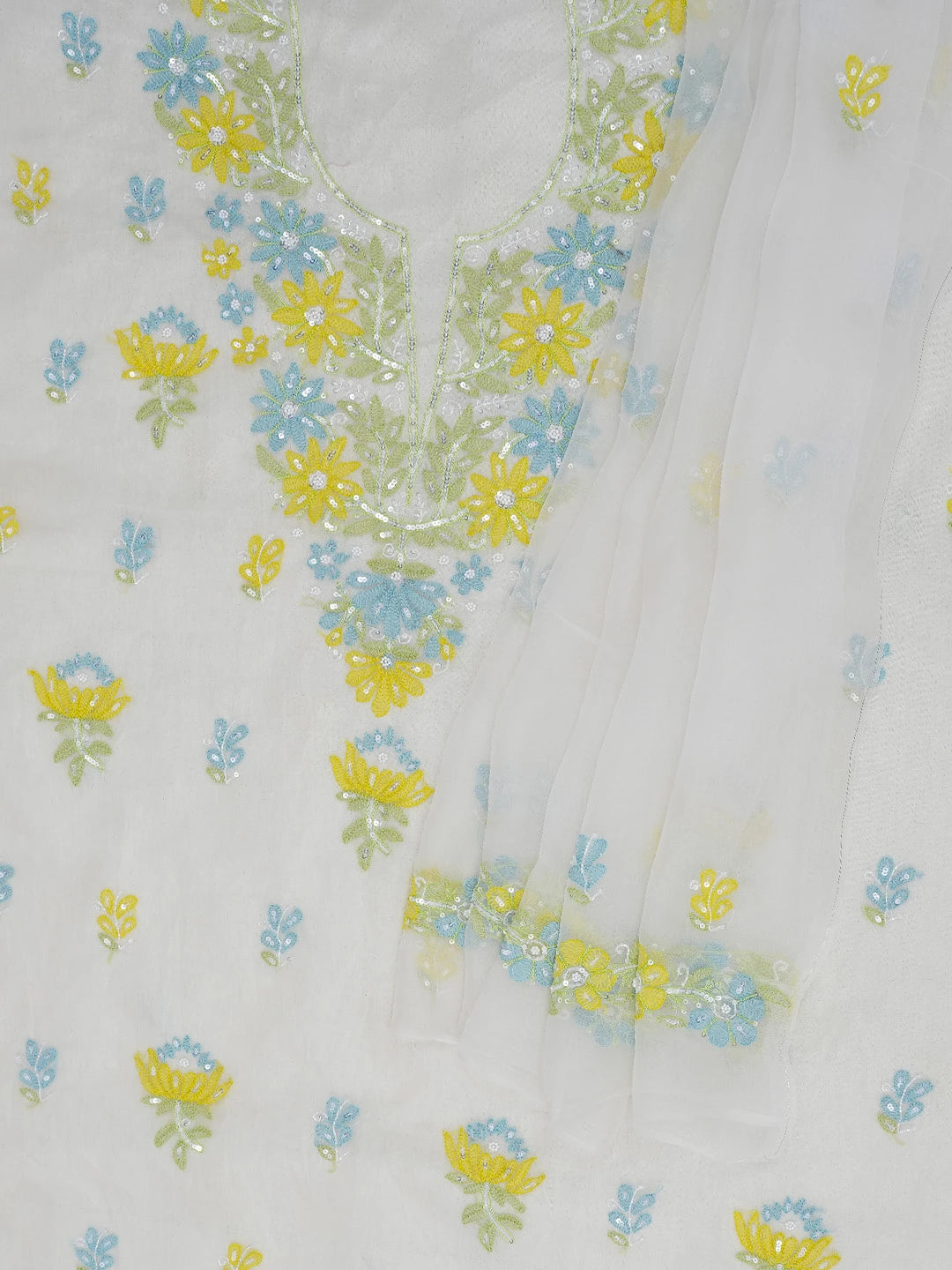 Ada Hand Embroidered White Organza Lucknowi Chikankari Unstitched Kurta Dupatta Set With Pearl Work 01A704853