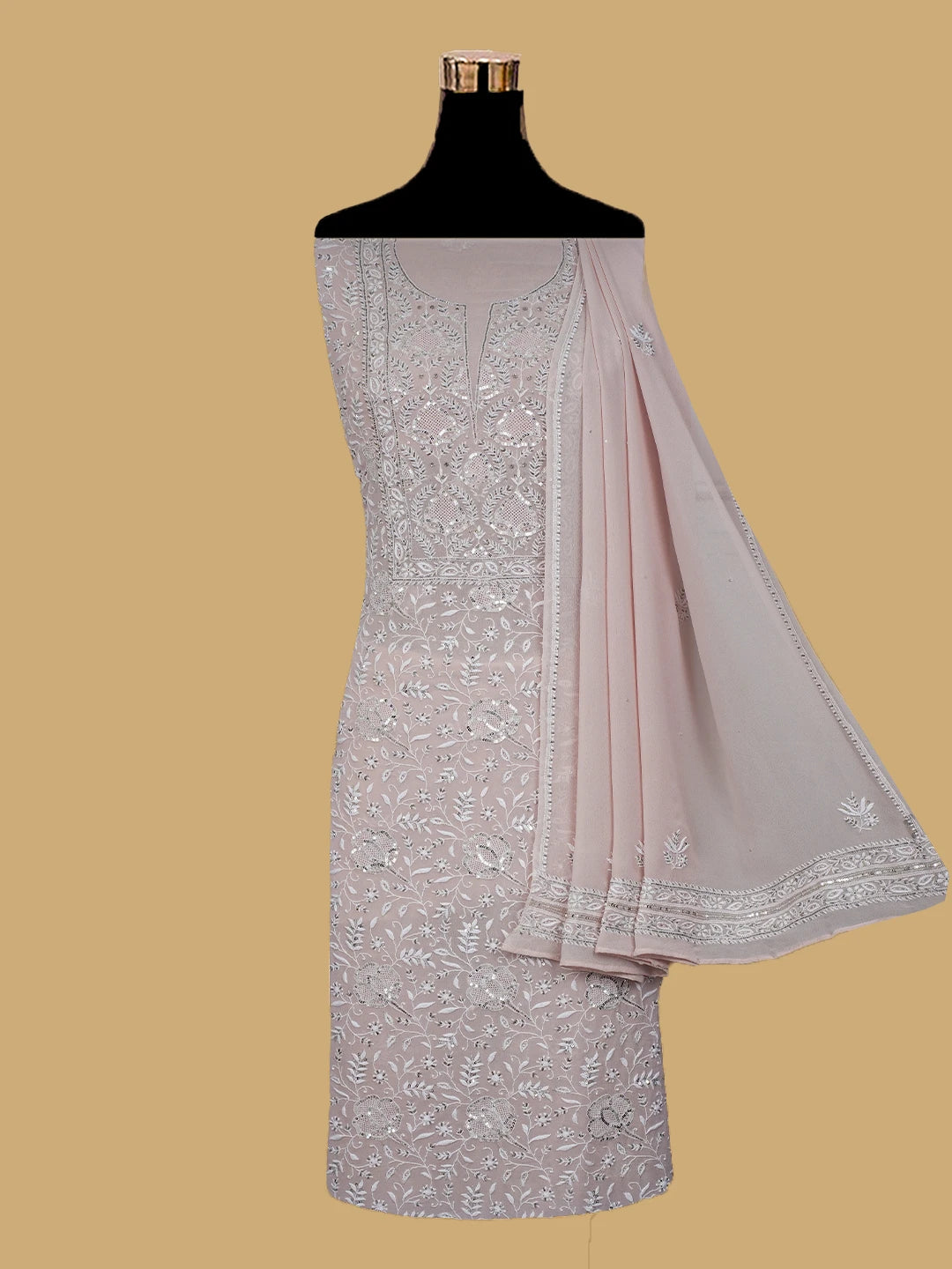 Ada Hand Embroidered Powder Pink Pure Georgette Lucknowi Chikankari Unstitched Kurta Dupatta Set With Cutdana Work 01A672430