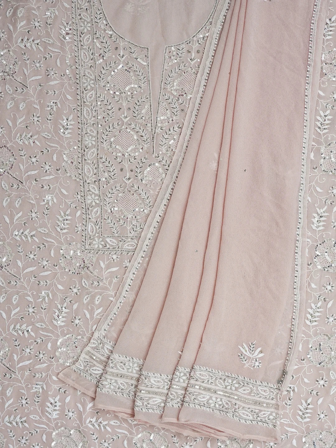 Ada Hand Embroidered Powder Pink Pure Georgette Lucknowi Chikankari Unstitched Kurta Dupatta Set With Cutdana Work 01A672430