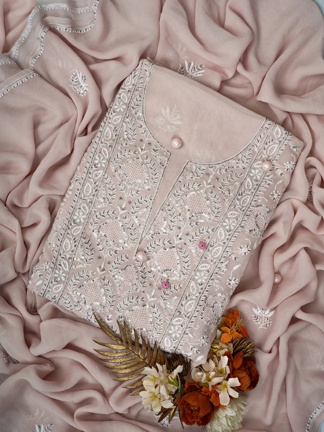 Ada Hand Embroidered Powder Pink Pure Georgette Lucknowi Chikankari Unstitched Kurta Dupatta Set With Cutdana Work 01A672430