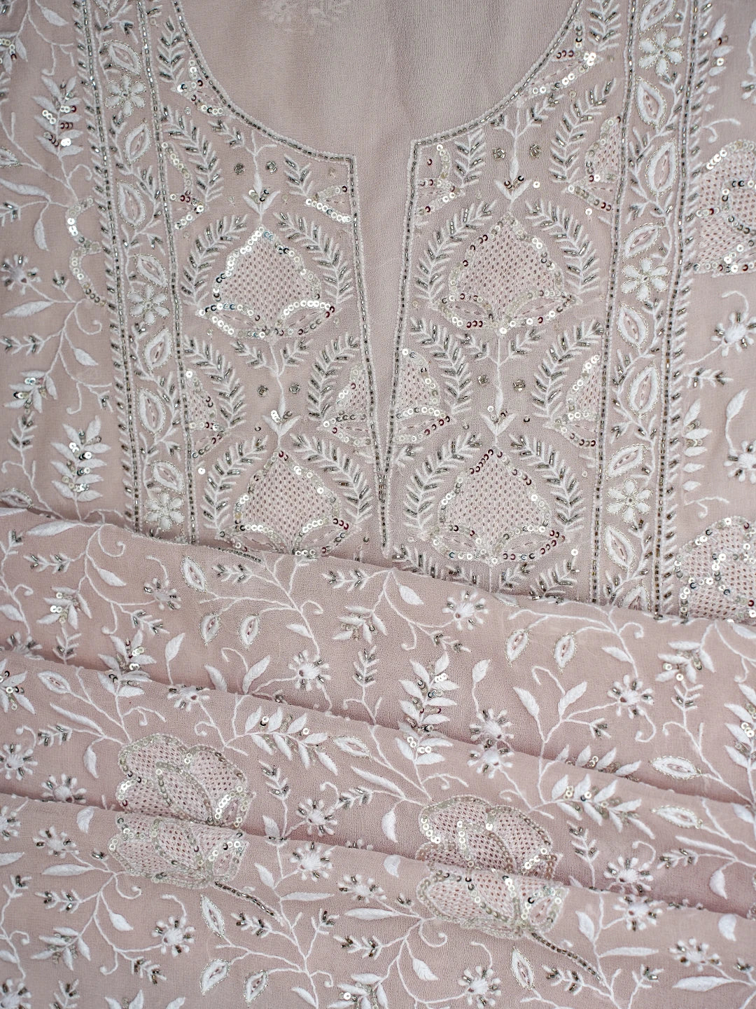 Ada Hand Embroidered Powder Pink Pure Georgette Lucknowi Chikankari Unstitched Kurta Dupatta Set With Cutdana Work 01A672430