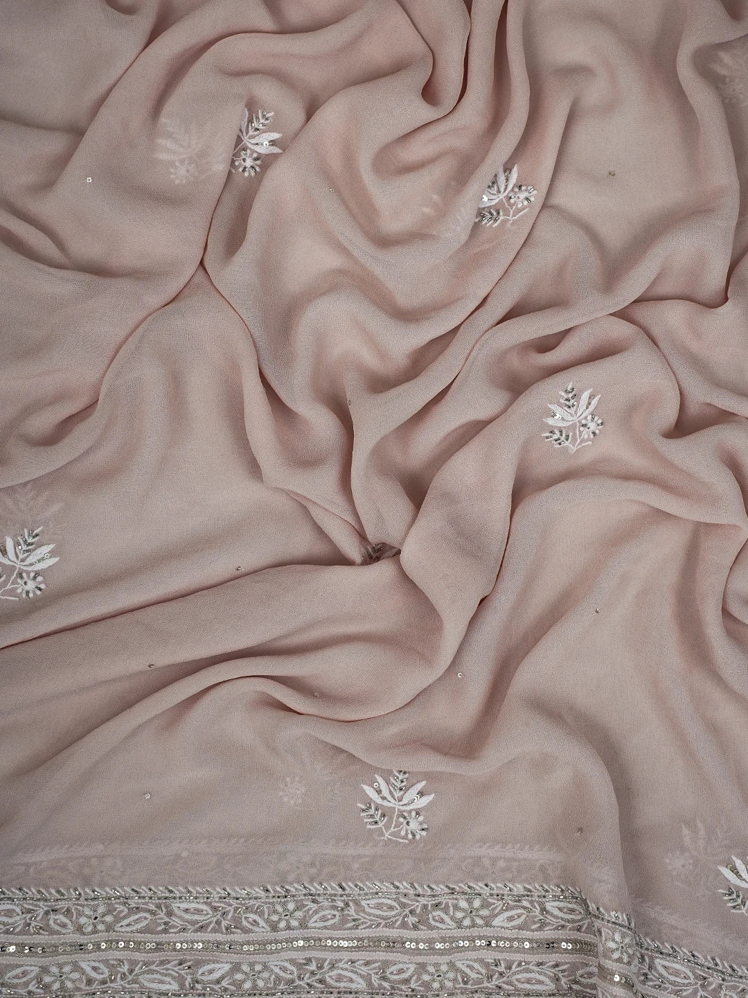 Ada Hand Embroidered Powder Pink Pure Georgette Lucknowi Chikankari Unstitched Kurta Dupatta Set With Cutdana Work 01A672430