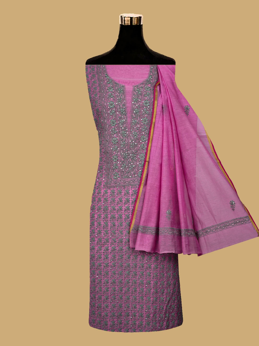 Ada Hand Embroidered Hot Pink Chanderi Lucknowi Chikankari Unstitched Kurta Dupatta Set With Cutdana Work 01A248170
