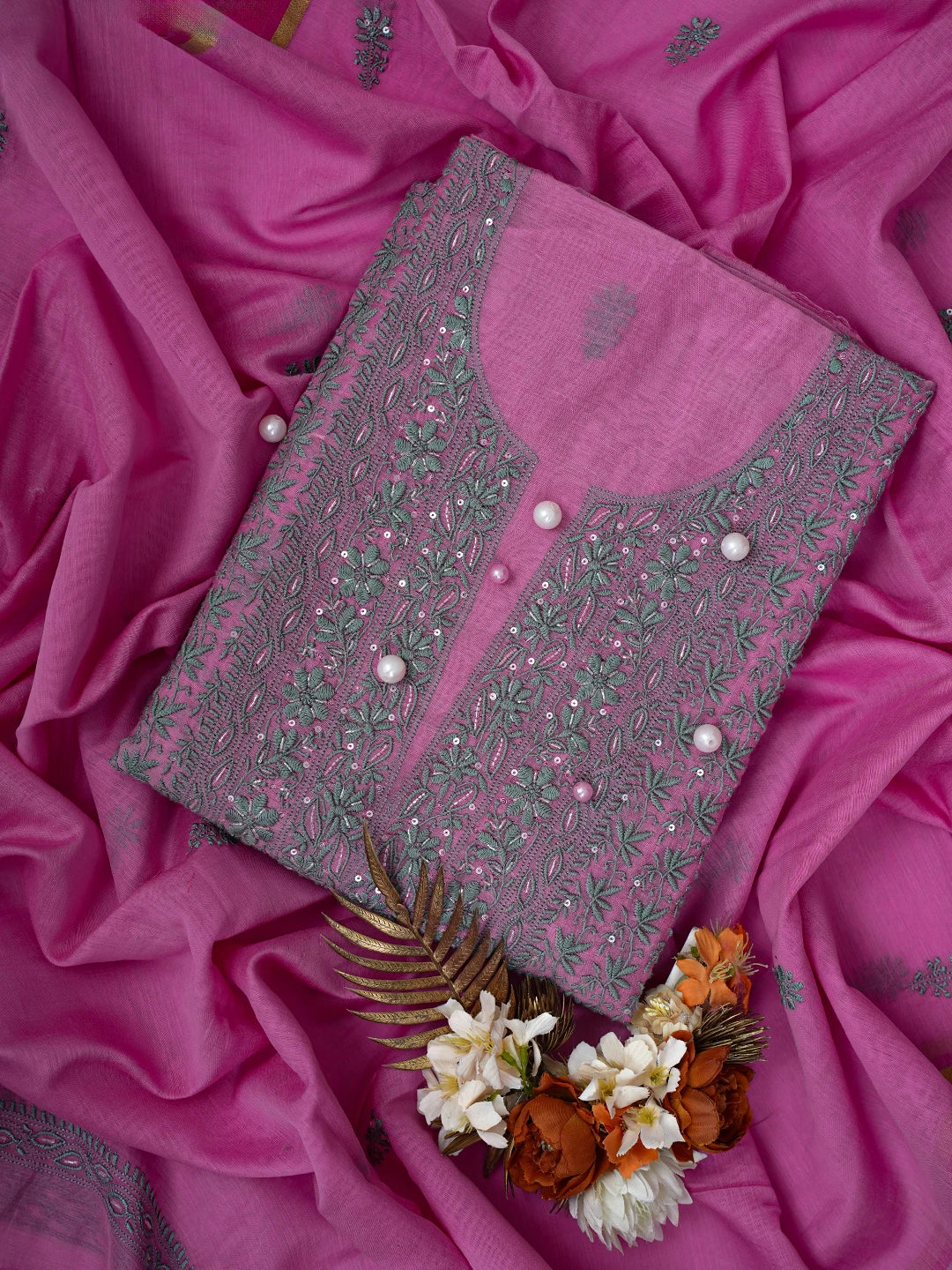 Ada Hand Embroidered Hot Pink Chanderi Lucknowi Chikankari Unstitched Kurta Dupatta Set With Cutdana Work 01A248170