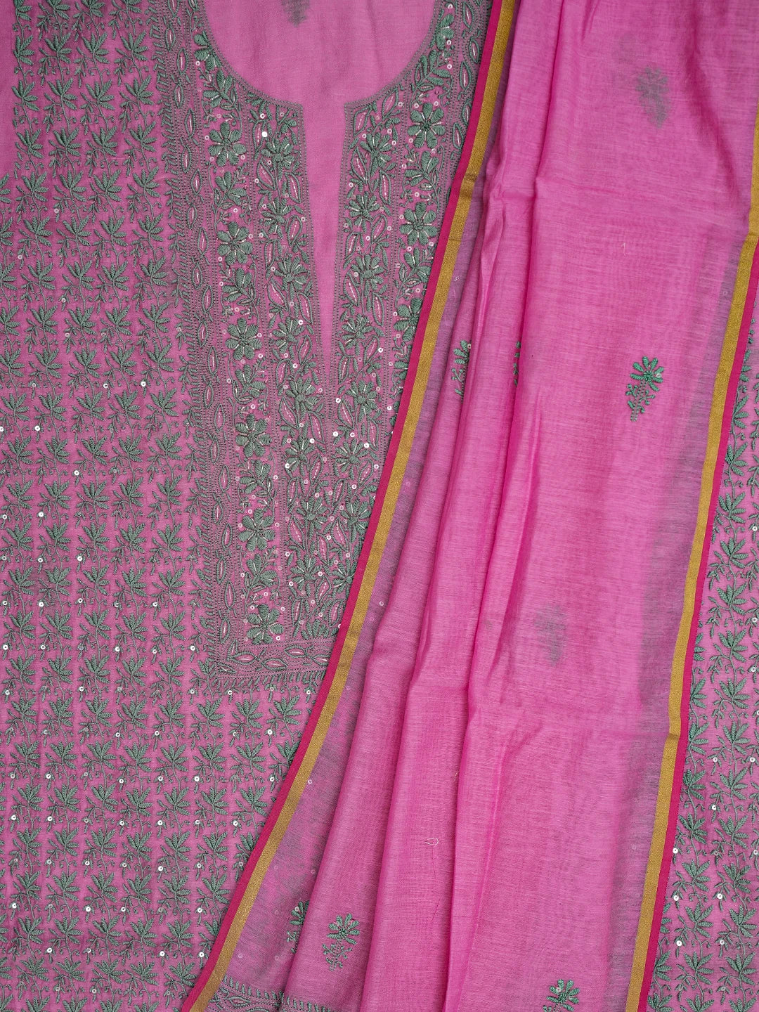 Ada Hand Embroidered Hot Pink Chanderi Lucknowi Chikankari Unstitched Kurta Dupatta Set With Cutdana Work 01A248170