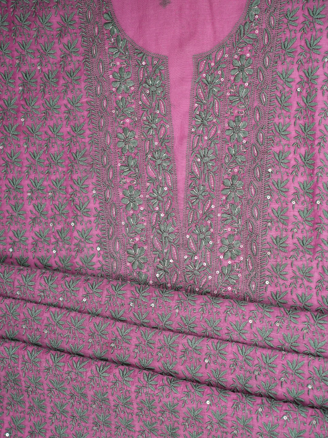Ada Hand Embroidered Hot Pink Chanderi Lucknowi Chikankari Unstitched Kurta Dupatta Set With Cutdana Work 01A248170