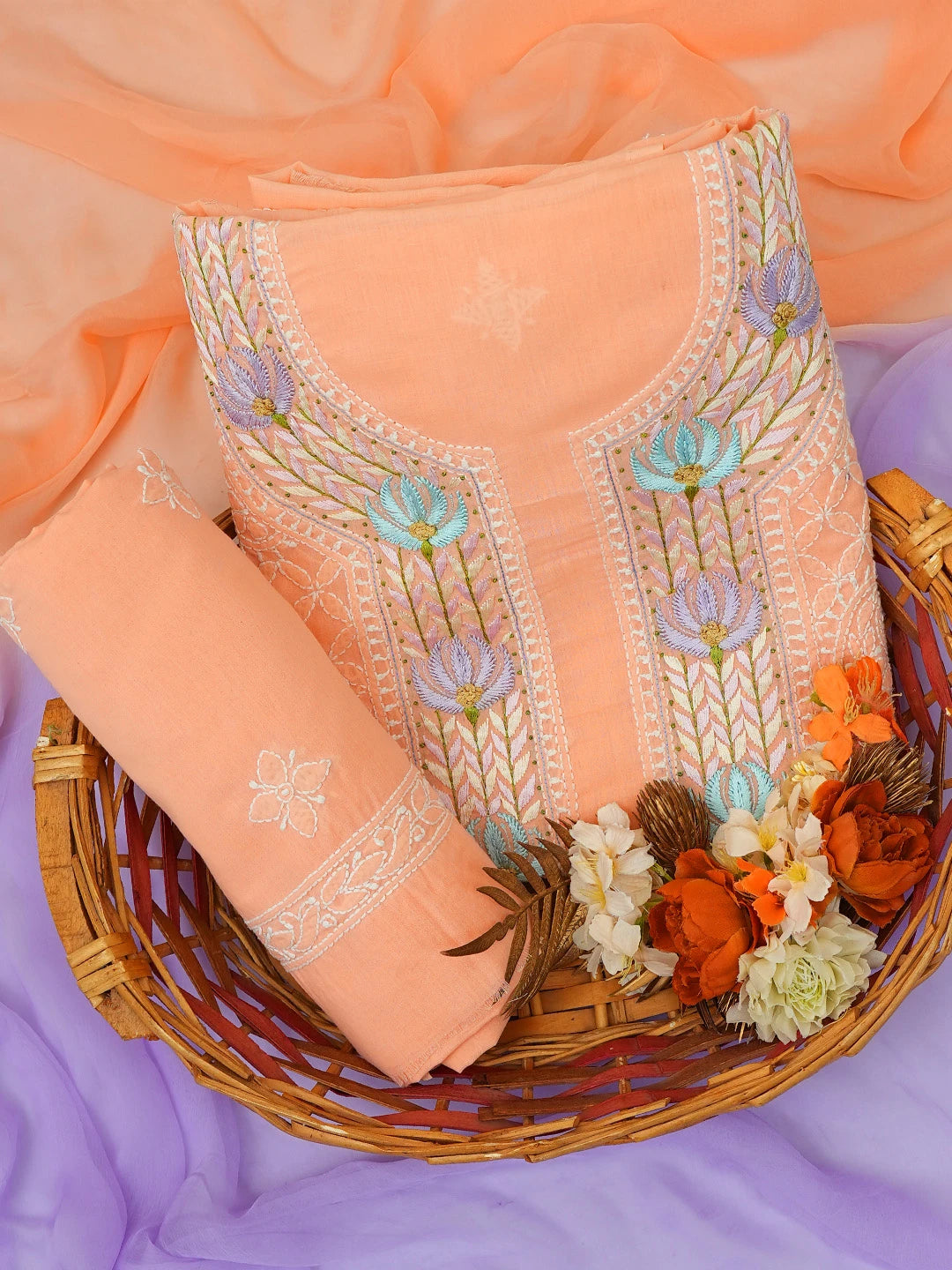 Ada Hand Embroidered Peach Cotton Lucknowi Chikankari Unstitched Kurta Dupatta Set With Parsi Work 01A659736