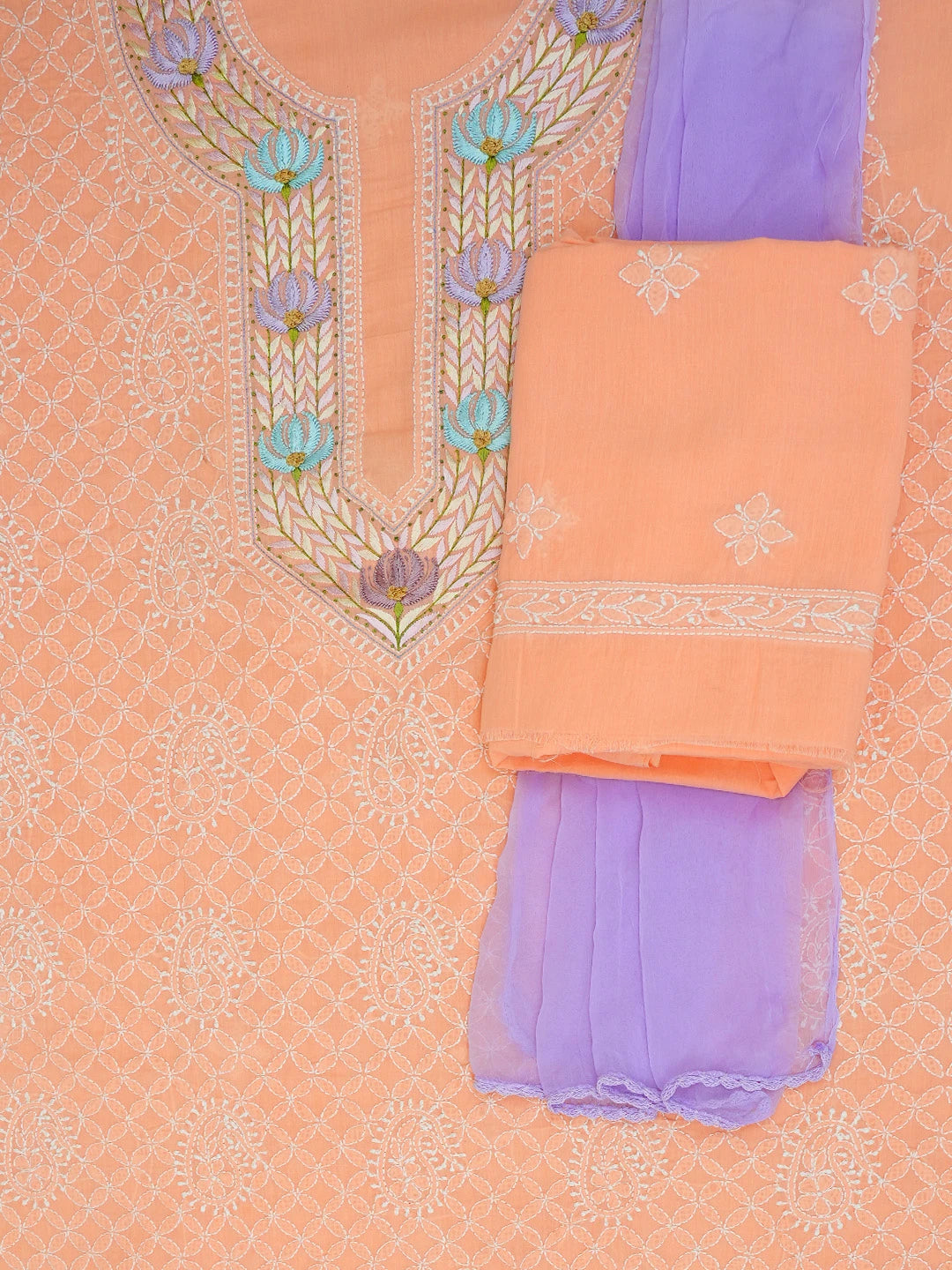 Ada Hand Embroidered Peach Cotton Lucknowi Chikankari Unstitched Kurta Dupatta Set With Parsi Work 01A659736