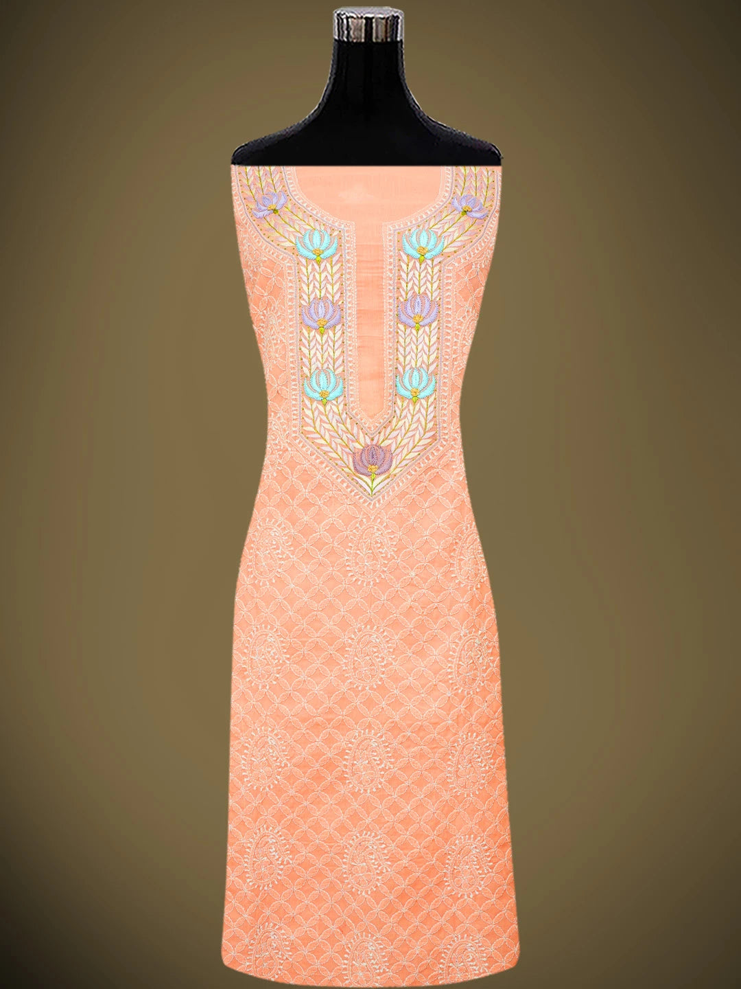 Ada Hand Embroidered Peach Cotton Lucknowi Chikankari Unstitched Kurta Dupatta Set With Parsi Work 01A659736