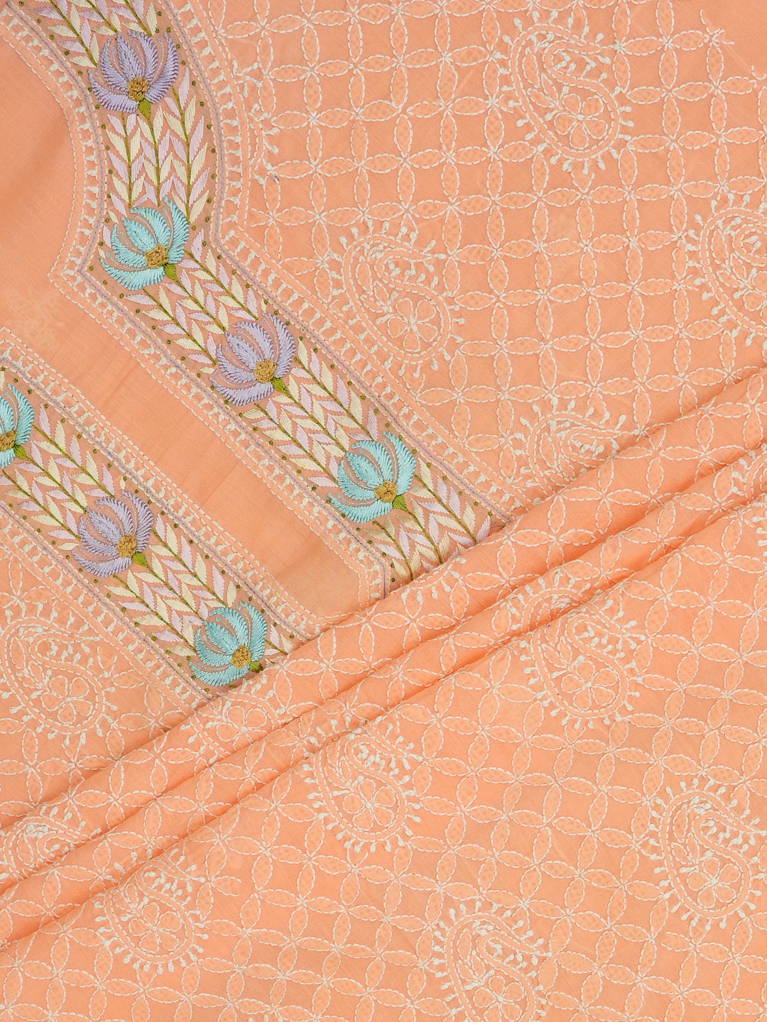 Ada Hand Embroidered Peach Cotton Lucknowi Chikankari Unstitched Kurta Dupatta Set With Parsi Work 01A659736
