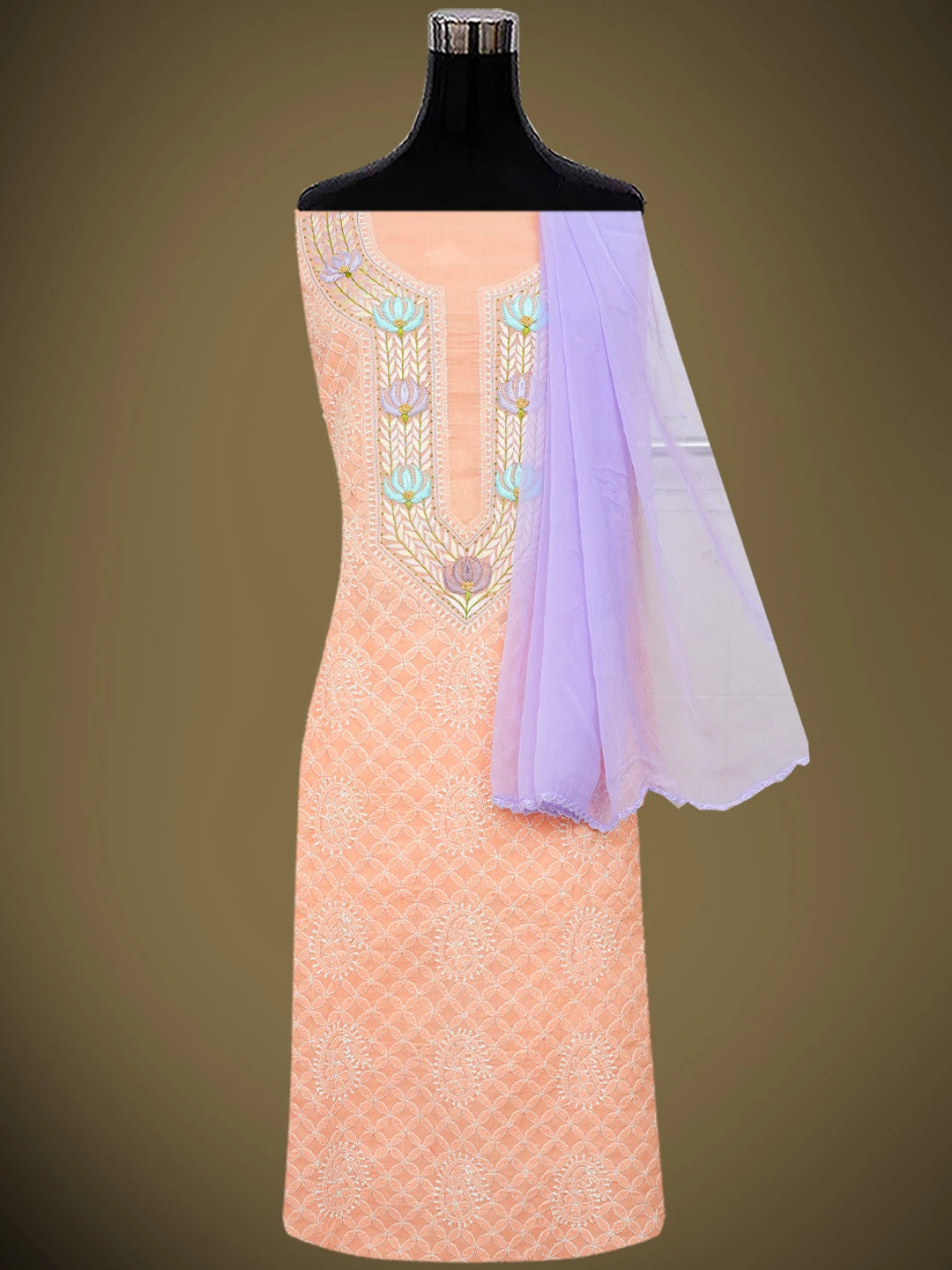 Ada Hand Embroidered Peach Cotton Lucknowi Chikankari Unstitched Kurta Dupatta Set With Parsi Work 01A659736