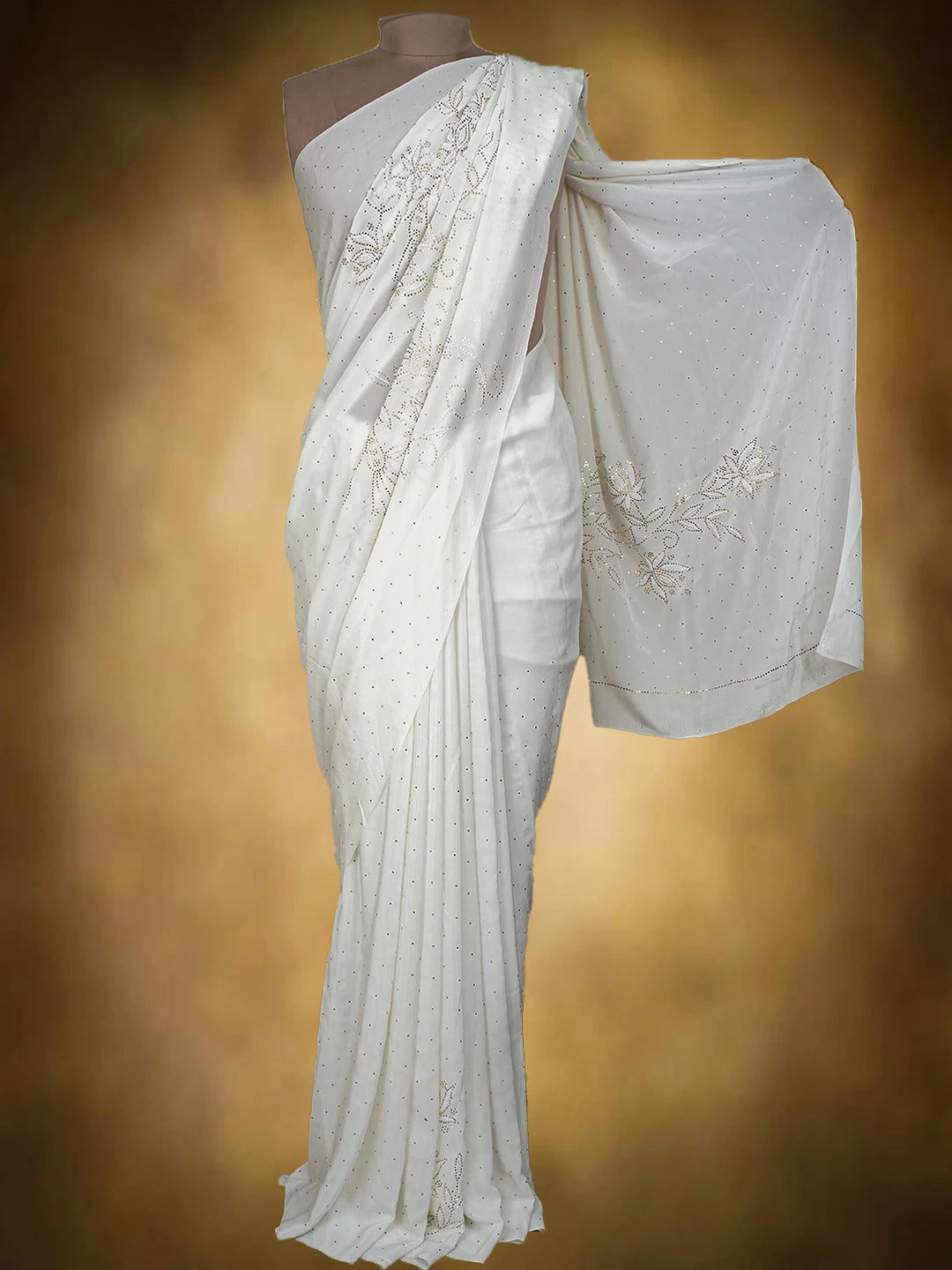 Ada Hand Embroidered White Pure Crepe Lucknowi Chikankari Saree and Blouse With Mukaish Work 01A509587