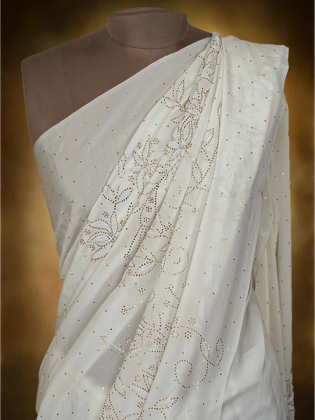 Ada Hand Embroidered White Pure Crepe Lucknowi Chikankari Saree and Blouse With Mukaish Work 01A509587