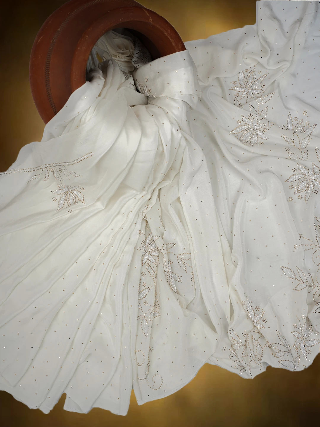 Ada Hand Embroidered White Pure Crepe Lucknowi Chikankari Saree and Blouse With Mukaish Work 01A509587